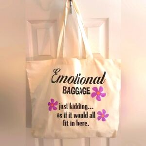 Hand Crafted Funny Reusable Tote Ivory Cream Purple Color 18" X 15"